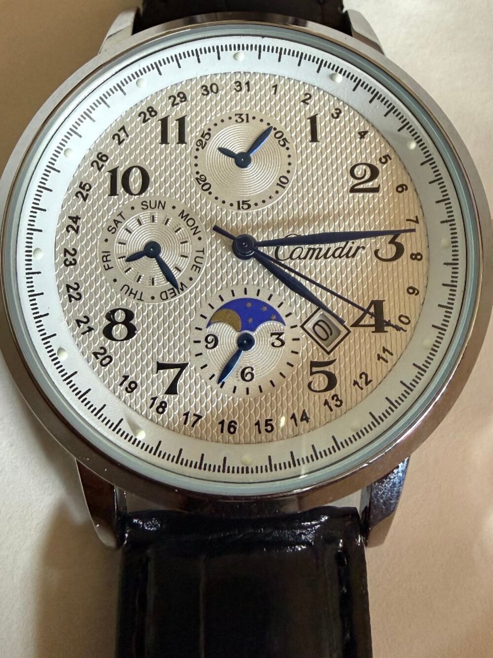 Camudir Men's Classic 42mm Date Genuine Leather Quartz Watch NIB